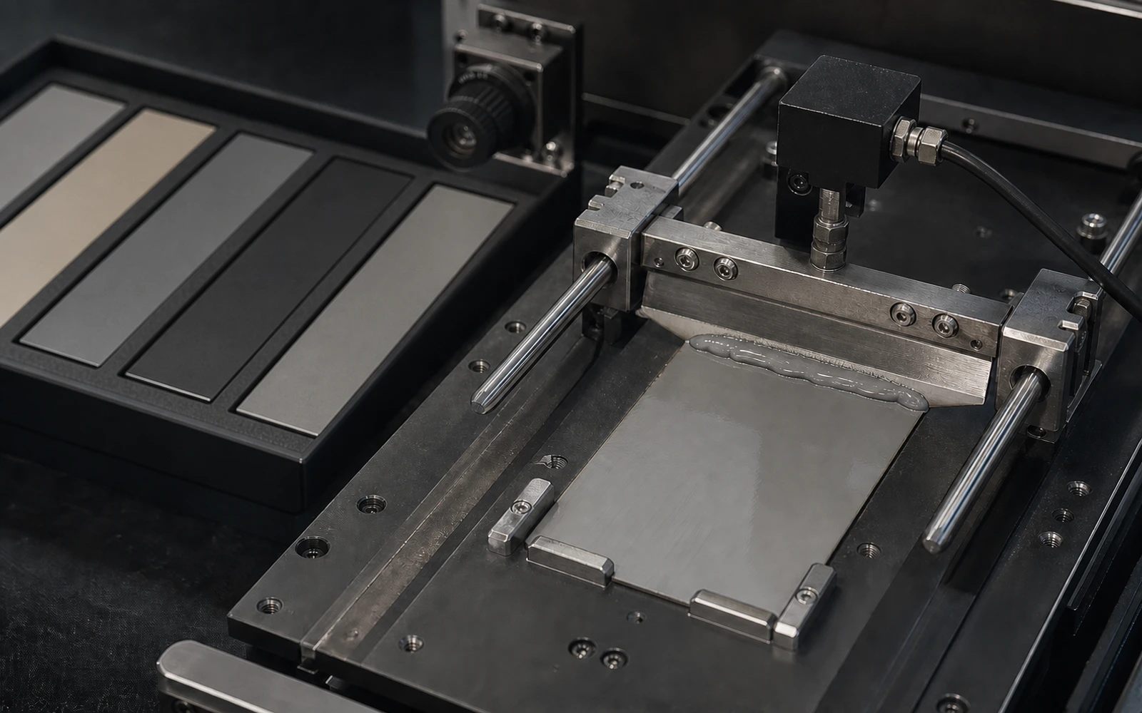 Conceptual image of an automated coating drawdown experiment with coated test panels