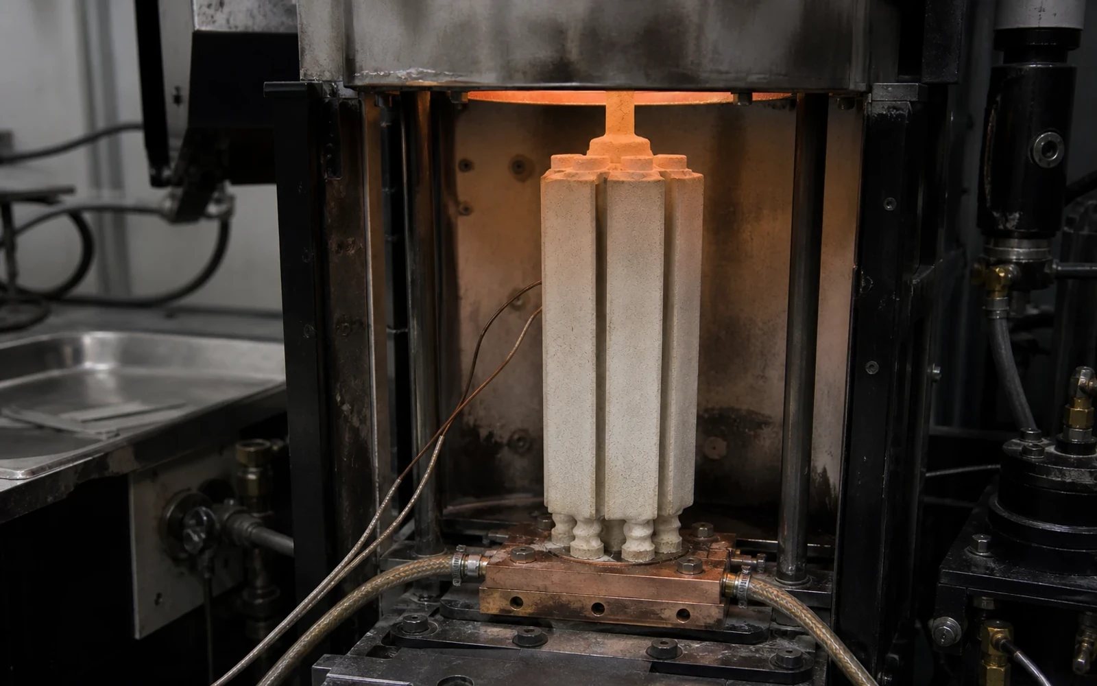 Directional-solidification furnace withdrawing a ceramic blade shell toward a cooled copper platen